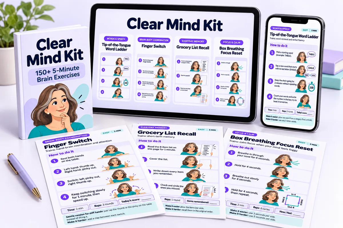 Clear Mind Kit: 150+ illustrated brain exercises on tablet, phone and printed sheets